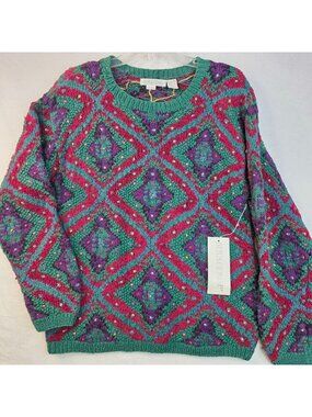 Vintage 80s Heirlooms Handknit Geometric Sweater M Green Artisan Retro Festival